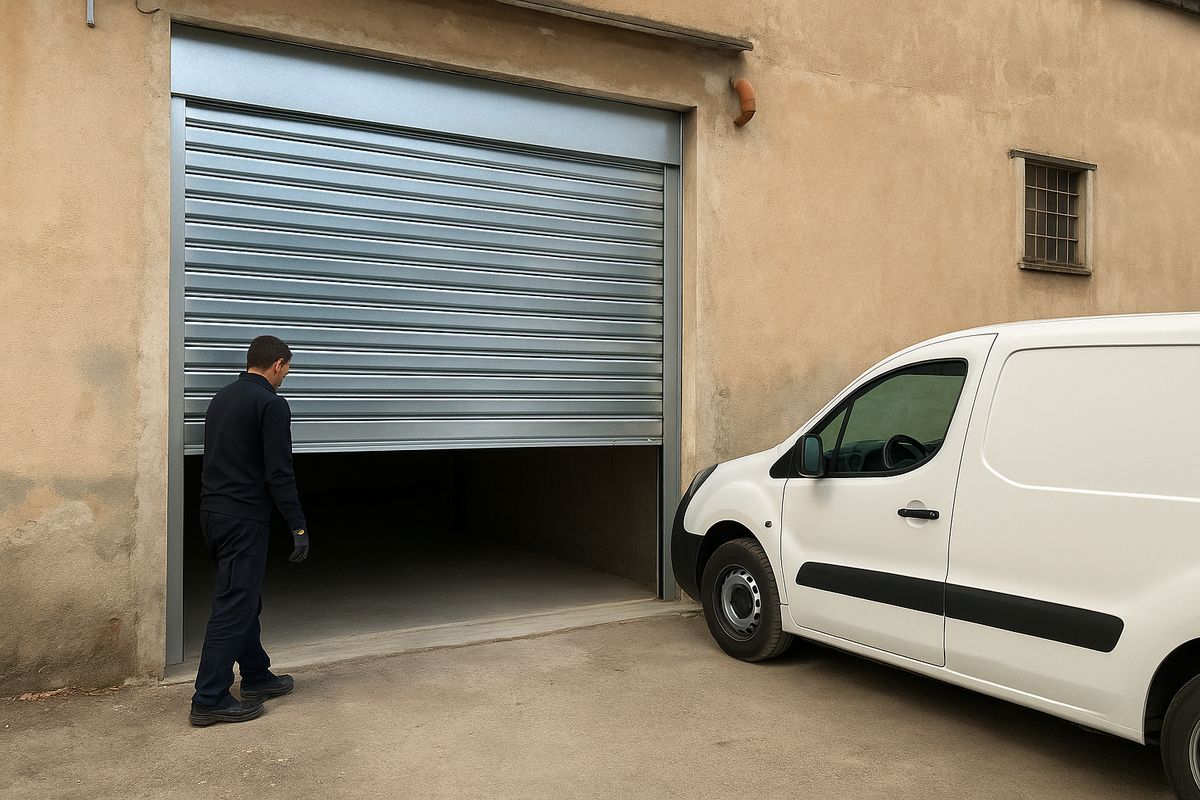 Serranda in ferro zincato appena installata all'ingresso di un piccolo magazzino