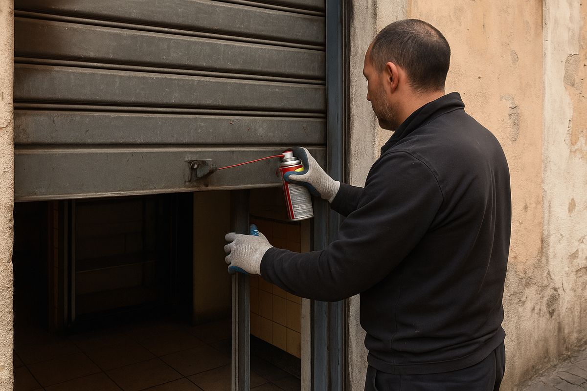Tecnico che spruzza lubrificante sulle parti mobili della serranda di un locale