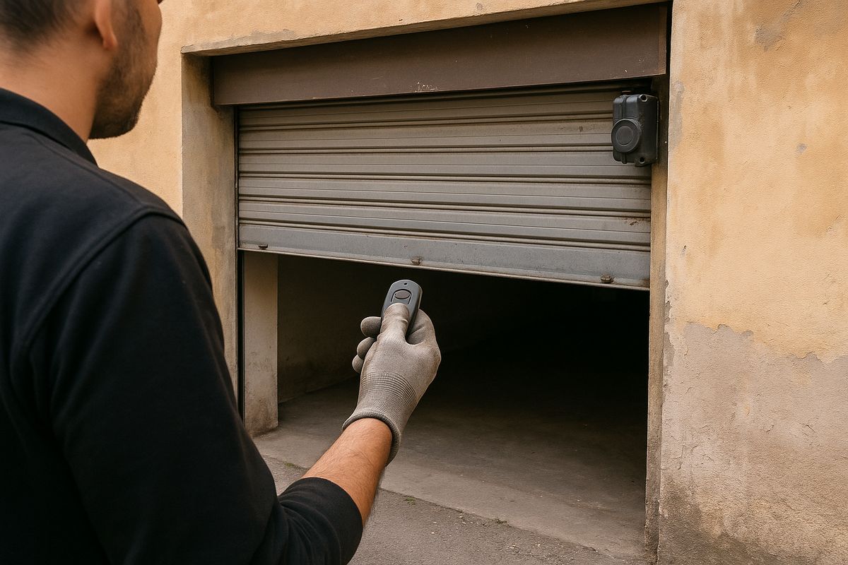 Mano con un radiocomando puntato verso una serranda da garage semiaperta, con il motore sul lato