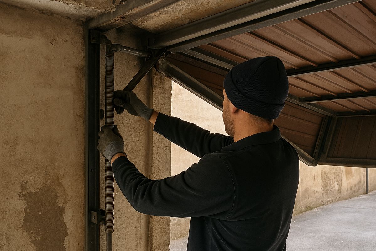 Tecnico che regola le molle laterali di una porta basculante da garage
