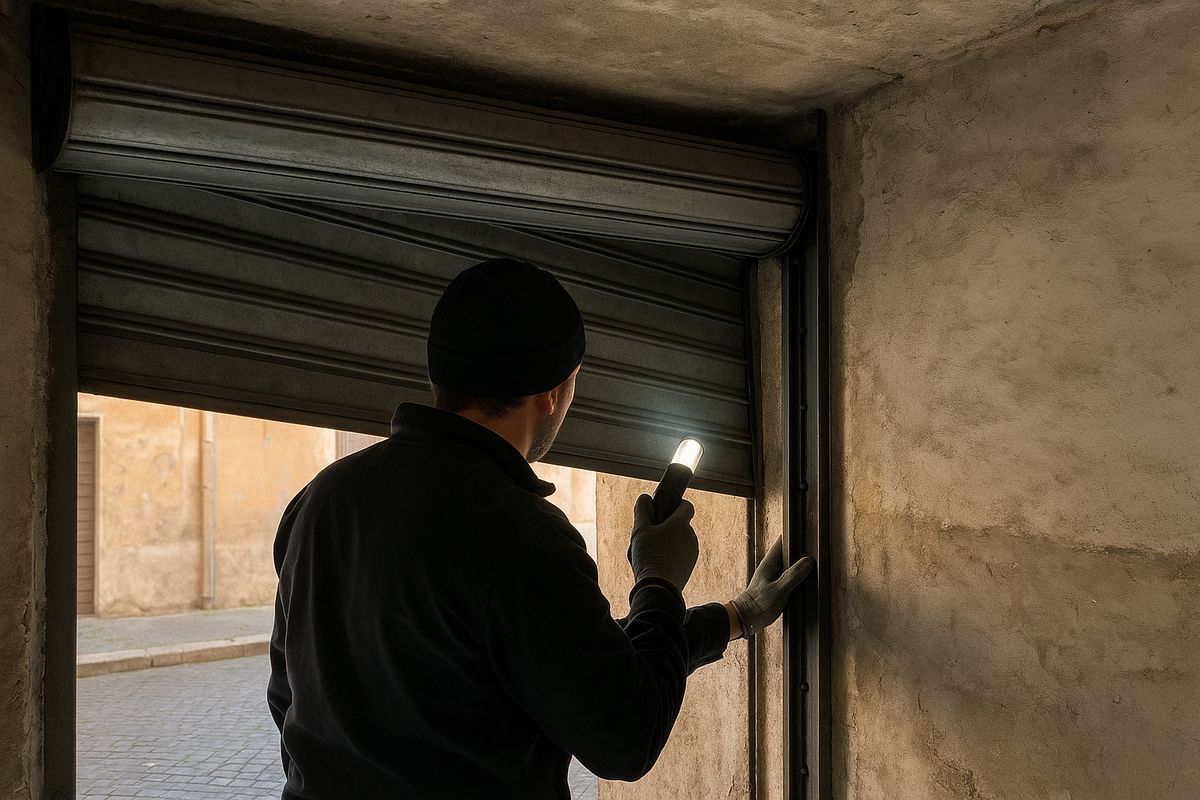 Tecnico con una torcia che controlla la guida laterale di una serranda da garage