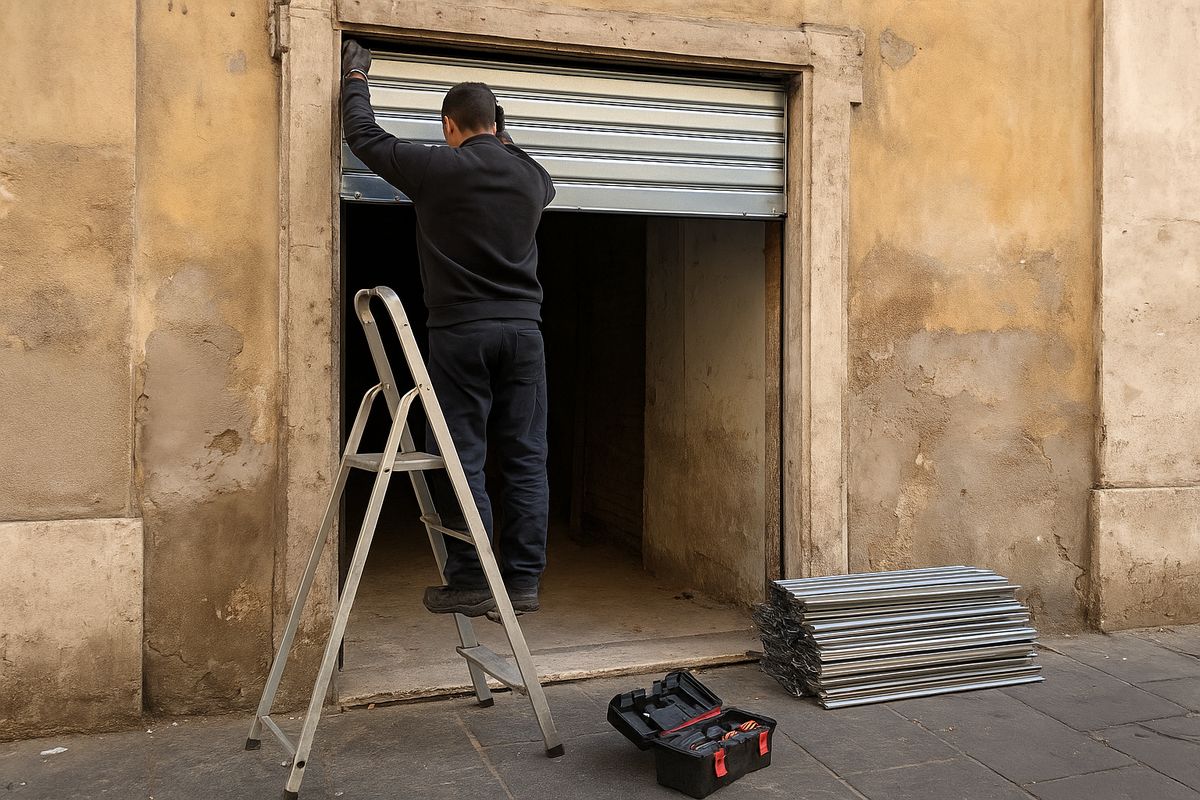 Tecnico su una scala che monta una nuova serranda in ferro zincato su un negozio, con le lame vecchie accatastate a terra