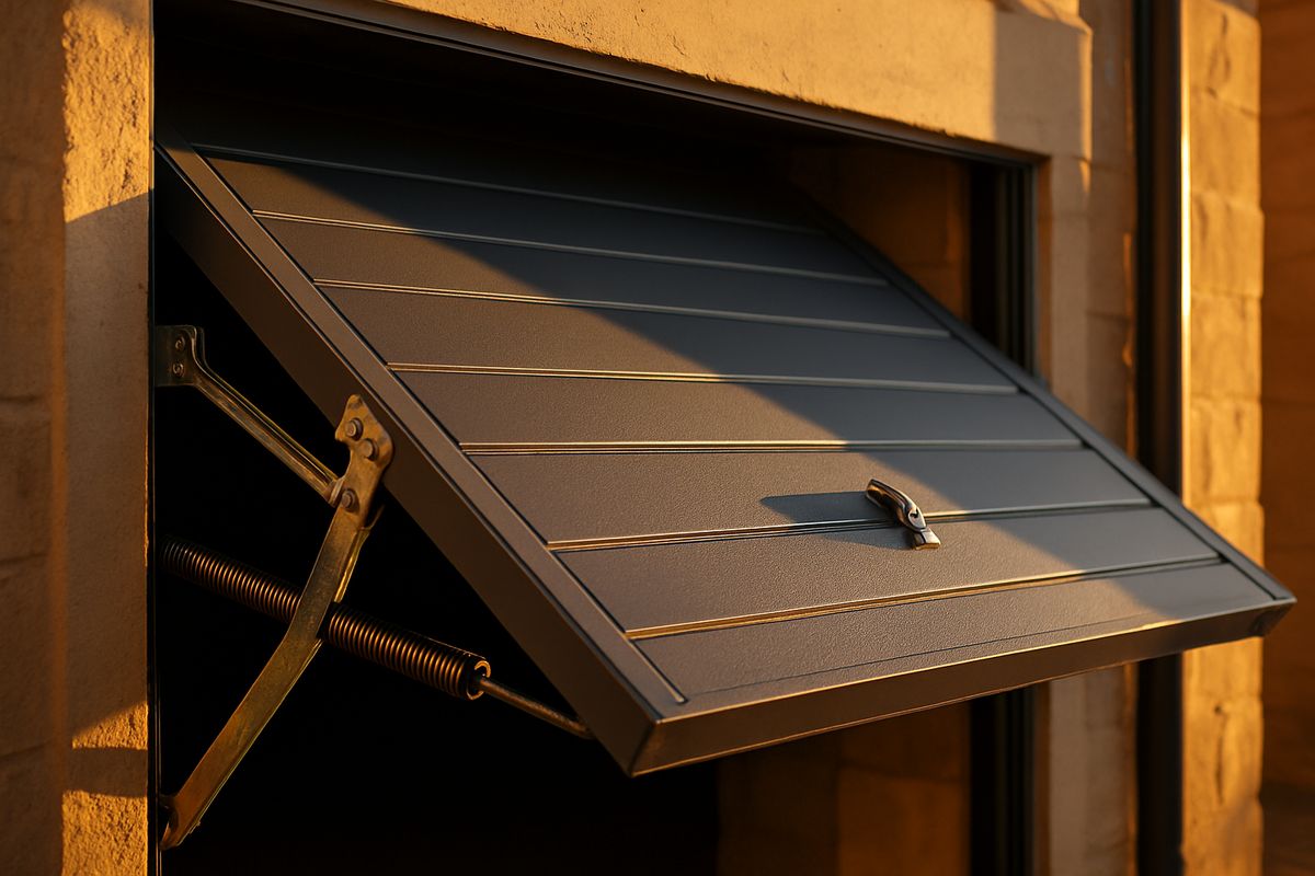 Porta basculante per garage semiaperta con braccio laterale e meccanismo di bilanciamento